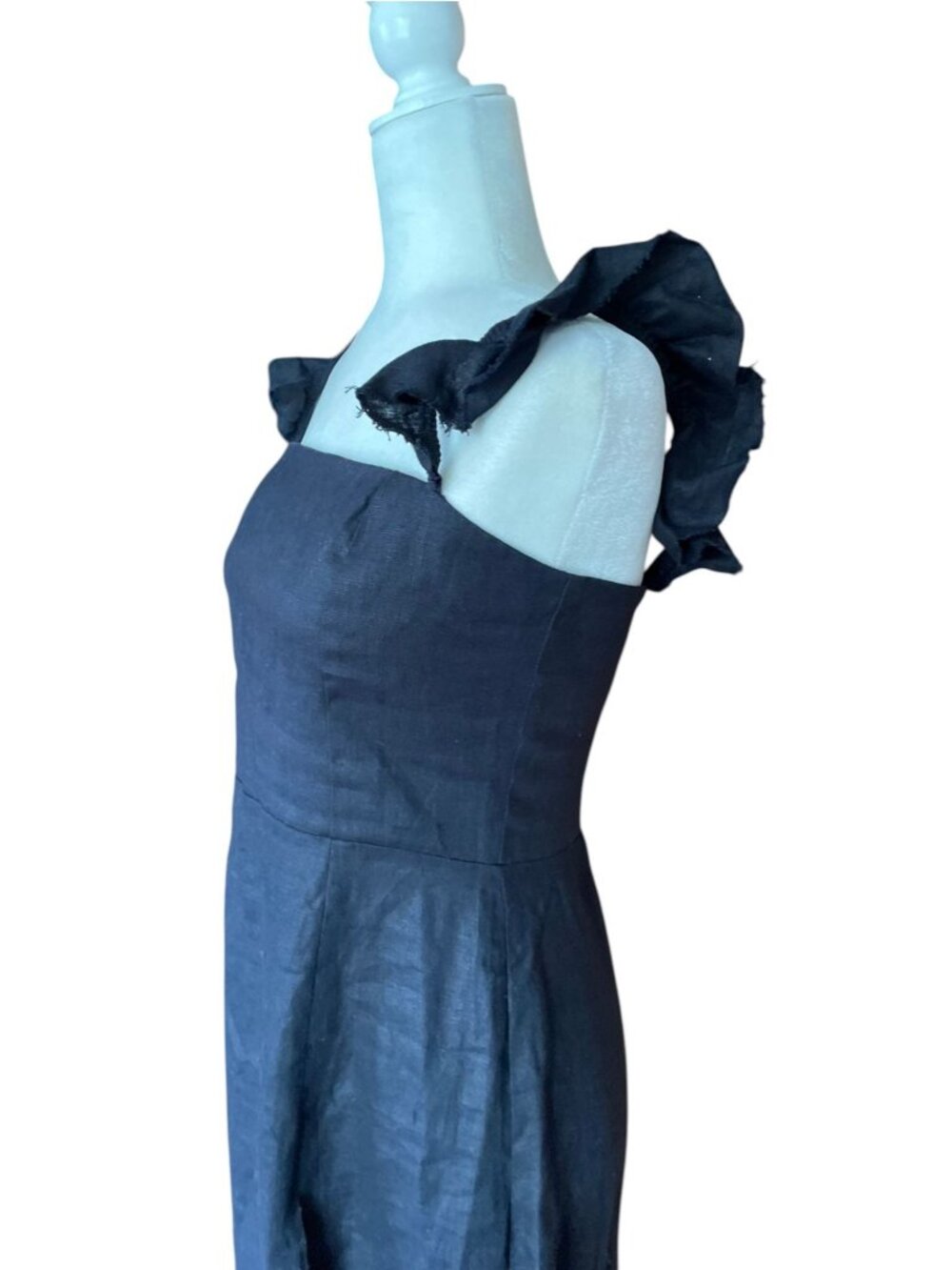 Reformation Spaulding 100% Linen Dress Sz 8  Black Ruffle Strap Formal Date - Picture 8 of 15